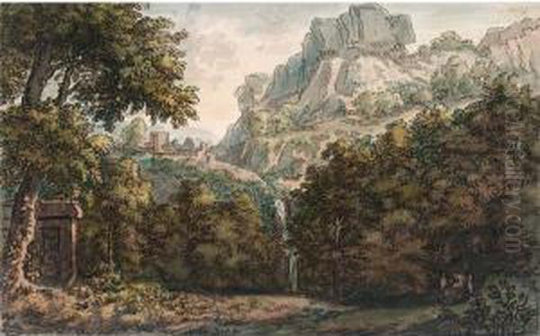 A Mountainous Wooded Landscape With A Waterfall, A Seated Figure And A Tomb Oil Painting by Jacobus Van Liender