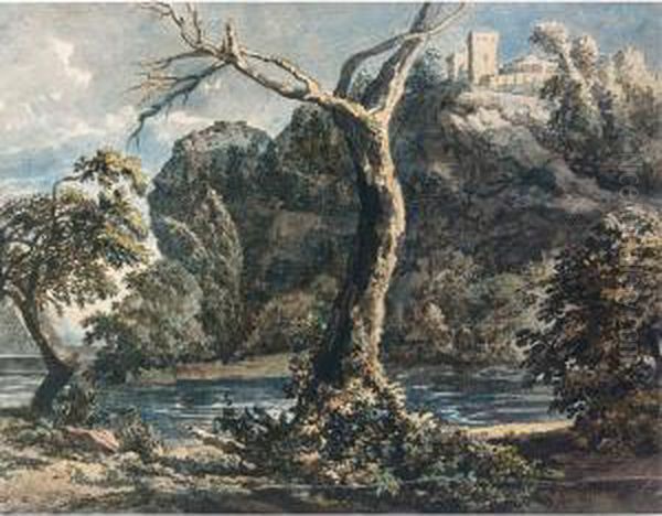 A Rugged River Landscape With A Castle On A Hilltop Oil Painting by Jacobus Van Liender