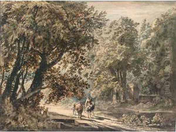 A Peasant Family On A Woodland Path Oil Painting by Jacobus Van Liender