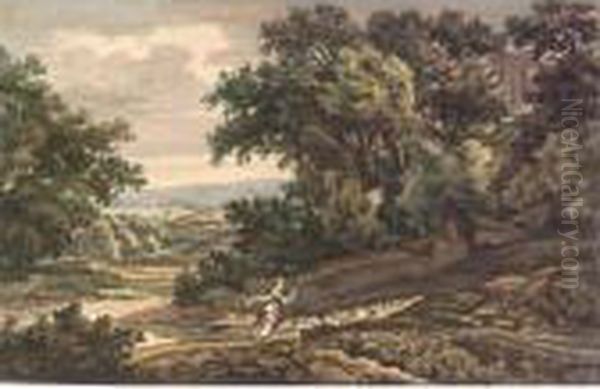 A Shepherdess With Her Sheep On A Wooded Hillside Oil Painting by Jacobus Van Liender