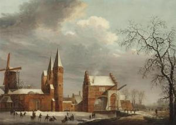 A Winter Landscape With Figures Skating On Ice In Front Of The Oostpoort, Delft Oil Painting by Paulus Van Liender