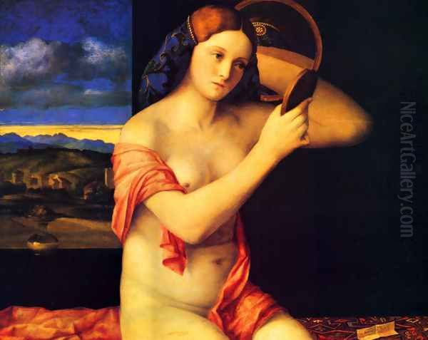 Young Woman Holding a Mirror (Giovane alla Specchio) Oil Painting by Giovanni Bellini