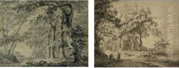 A Pair Of Drawings: Two Women On A Road Before A Farmhouse; And Four People Before A Cottage In The Woods Oil Painting by Paulus Van Liender