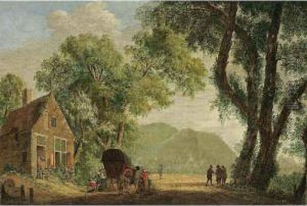 A Wooded Landscape With Travellers With Their Wagon Resting Near A Tavern Oil Painting by Pieter Jacobsz. Van Liender