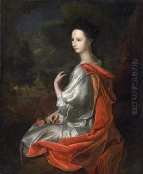 Portrait Of A Lady With Red Robe In Front Of A Foresty Landscape Oil Painting by Hendrick Van Limborch