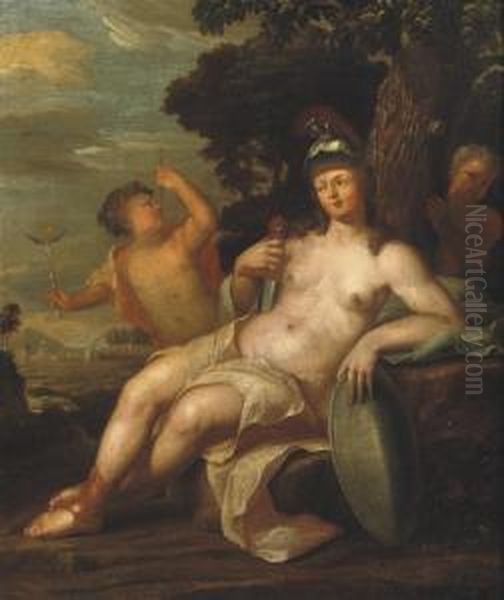 Pallas Athena In A Wooded Landscape With Two Putti By Herside Oil Painting by Hendrick Van Limborch