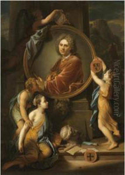 Infants Decorating A Stone Cartouche Framing A Copy Of A Self-portrait By Adriaen Van Der Werff, Artistic Implements Decorating The Steps Below Oil Painting by Hendrick Van Limborch