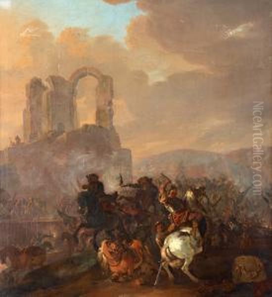 Battle Scene In A Ruin Landscape Oil Painting by Hermann Van Lin