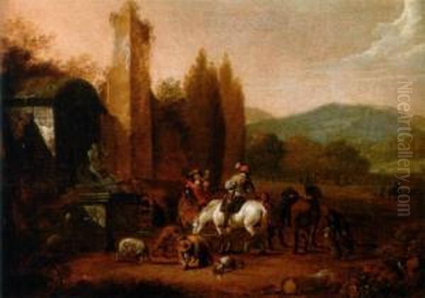 Group Of Hunters Resting Beside A Fountain Amidst Ruins Oil Painting by Hermann Van Lin