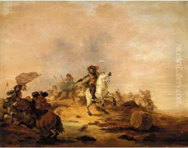 A Cavalry Battle Oil Painting by Hermann Van Lin