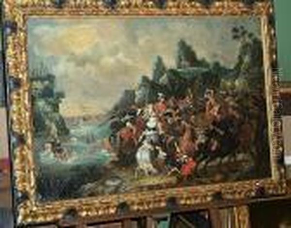 Engagement De La Cavalerie Turque Presdune Riviere. Oil Painting by Hermann Van Lin