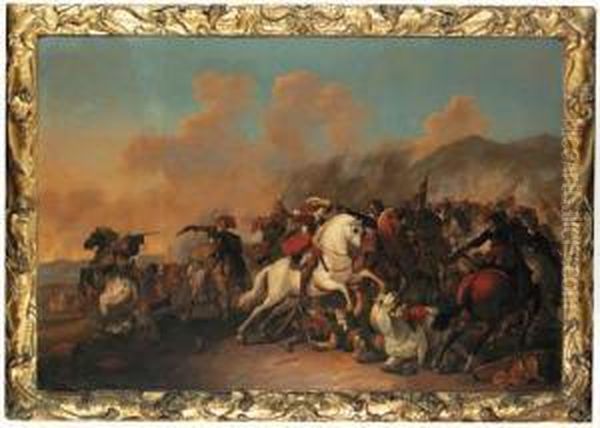 A Cavalry Battle In An Extensive Landscape Oil Painting by Hermann Van Lin