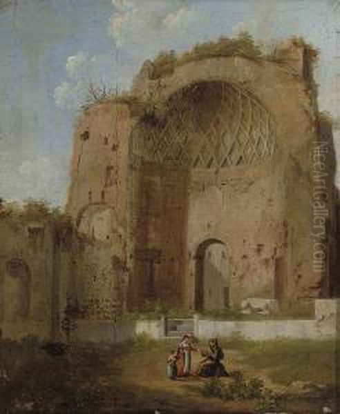 A Roman Ruin Oil Painting by Giacomo Van Lint