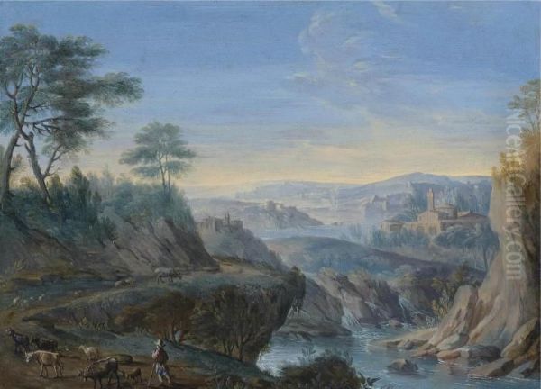 A Mountainous Wooded River Landscape Oil Painting by Hendrik Frans Van Lint