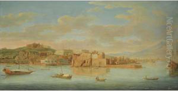 Naples, A View Of Santa Lucia And The Castel Dell'ovo Oil Painting by Hendrik Frans Van Lint