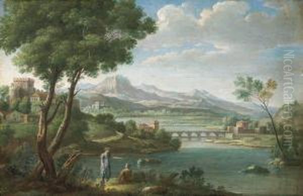 An Italianate Landscape With Figures Resting Oil Painting by Hendrik Frans Van Lint