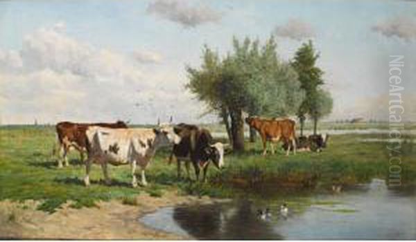 Cows In A Summer Landscape Oil Painting by Dirk Van Lokhorst