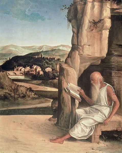 St. Jerome Reading in a Landscape Oil Painting by Giovanni Bellini