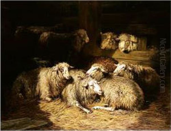 Sheep In A Byre Oil Painting by Dirk Van Lokhorst