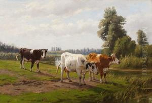 Cows And A Bull By The Water'sedge Oil Painting by Dirk Peter Van Lokhorst