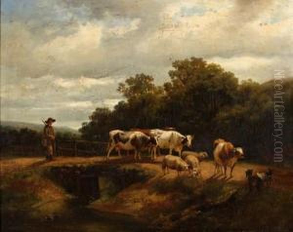 Herder Met Vee Bij Bruggetje Oil Painting by Dirk Peter Van Lokhorst