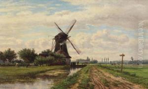 Windmill In A Dutch Landscape Oil Painting by Johan Nicolaas Van Lokhorst