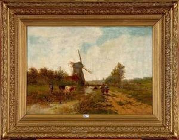 Paysage Anime Au Moulin Et Aux Vaches Oil Painting by Johan Nicolaas Van Lokhorst