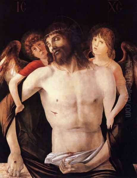 The Dead Christ Supported By Two Angels Oil Painting by Giovanni Bellini