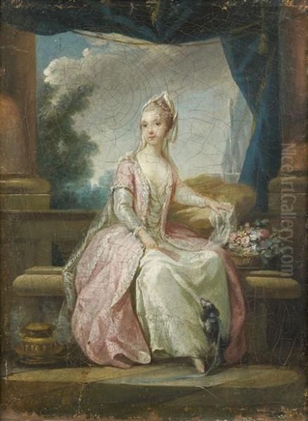 Jeune Femme Avec Un Petit Chien Dans Une Alcove Oil Painting by Charles-Amedee-Philippe van Loo