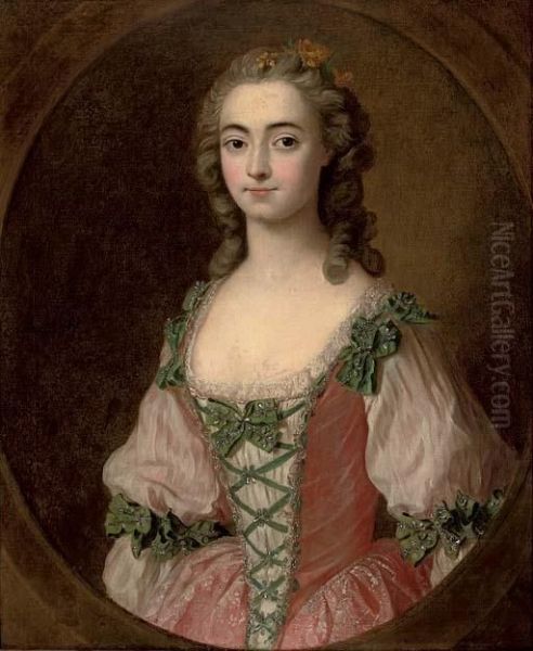 Portrait Of A Lady, Standing, Half-length, In A Pink Dress With Green Ribbons, In A Feigned Oval Oil Painting by Charles-Amedee-Philippe van Loo