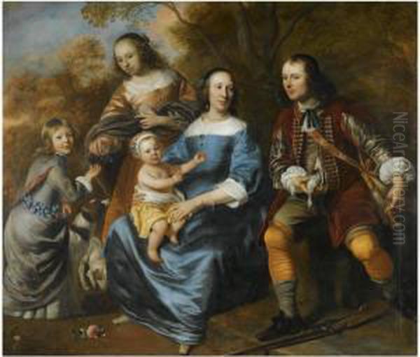 Portrait Of A Family; All Full Length, A Mother Sitting, Dressed Inblue, With Three Young Children And A Young Man With A Gun,possibly Her Husband, In A Landscape Oil Painting by Jacob van Loo