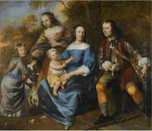 Portrait Of A Family; All Full Length, A Mother Sitting, Dressed Inblue, With Three Young Children And A Young Man With A Gun,possibly Her Husband, In A Landscape Oil Painting by Jacob van Loo