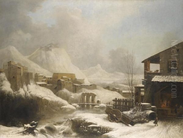 A Frozen Winter Landscape With A Bridge Over A River Oil Painting by Jules Cesar Denis van Loo