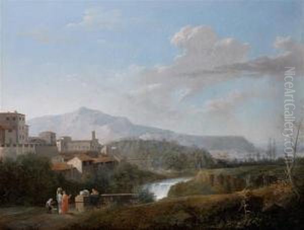 Vue De La Campagne Italienne Animee De Lavandieres Oil Painting by Jules Cesar Denis van Loo