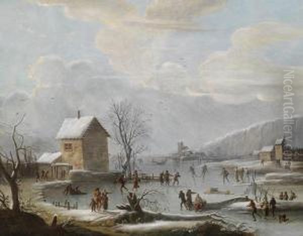 Winter Landscape With Ice Skaters Oil Painting by Jules Cesar Denis van Loo