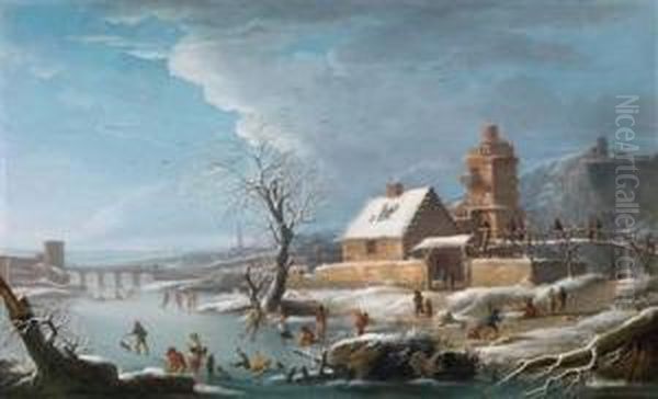 Winterlandschaftmit Eislaufern Oil Painting by Jules Cesar Denis van Loo