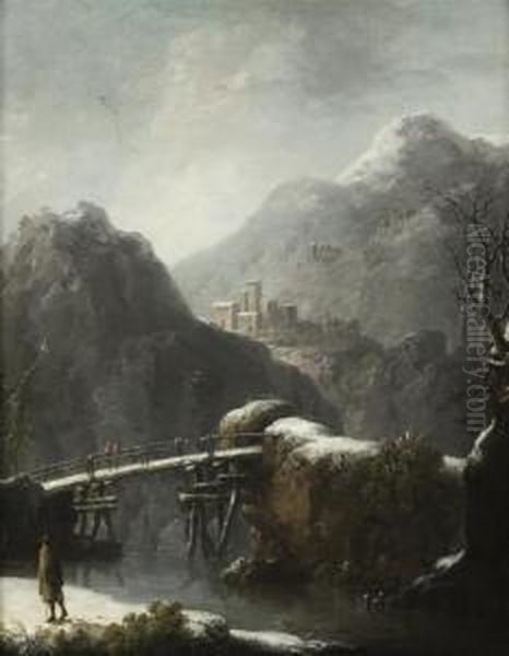 Paysage De Neige A La Riviere Anime De Promeneurs Oil Painting by Jules Cesar Denis van Loo