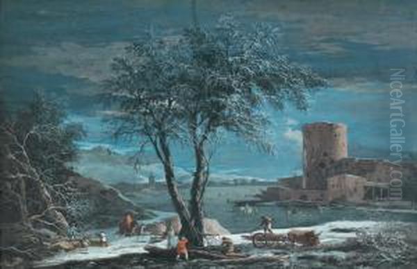 Paysage Hivernal Anime Oil Painting by Jules Cesar Denis van Loo