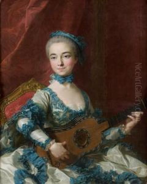 Portrait De Femme Jouant De La Guitare Oil Painting by Louis-Michel Van Loo