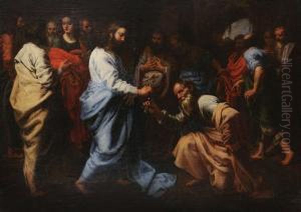 Christus Overhandigt De Sleutels Aan De Knielende Petrus In Hetbijzijn Van De Andere Apostelen. Doek. Oil Painting by Theodor Van Loon