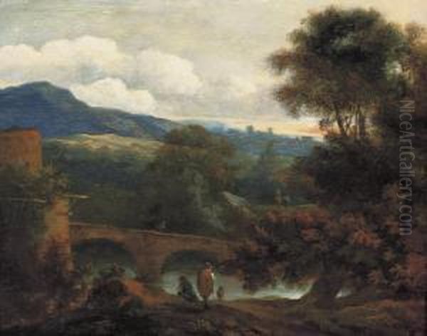 An Italianate Wooded River Landscape With Figures On A Bank Oil Painting by Lodewyck van Ludick