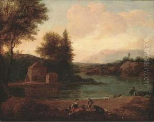 A River Landscape With Figures Resting On The Bank Oil Painting by Lodewyck van Ludick