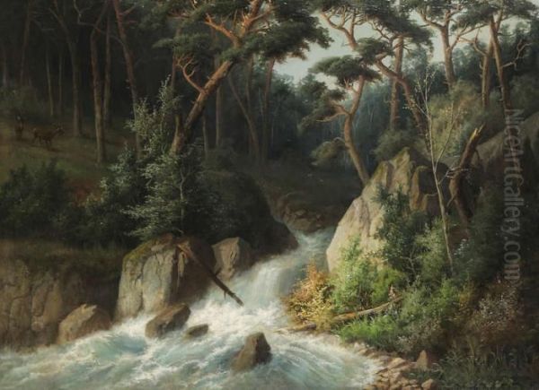 Boslandschap Met Waterval En Hertenaan De Oever Oil Painting by Gerard Jozef Adrian Van Luppen