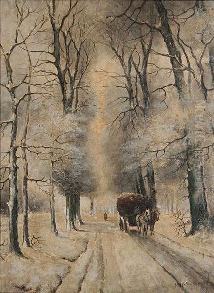 Winterlandschap Met Boer Met Paard En Kar Oplandweg. Oil Painting by Gerard Jozef Adrian Van Luppen