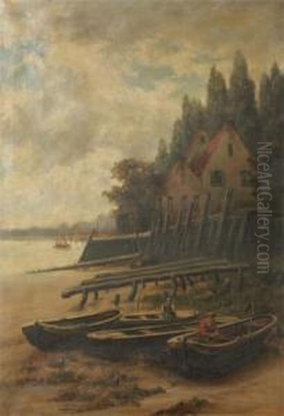 Fishermen In Sloops At The Waterfront Oil Painting by Prosper Van Luppen