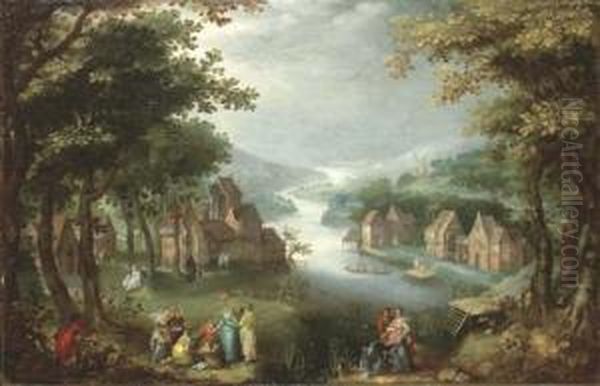 An Extensive Wooded River Landscape With The Finding Of Moses Oil Painting by Karel Van Mander