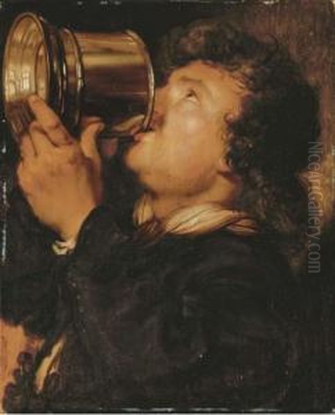 An Allegory Of Taste: A Young Man Drinking From A Silvertankard Oil Painting by Karel van III Mander