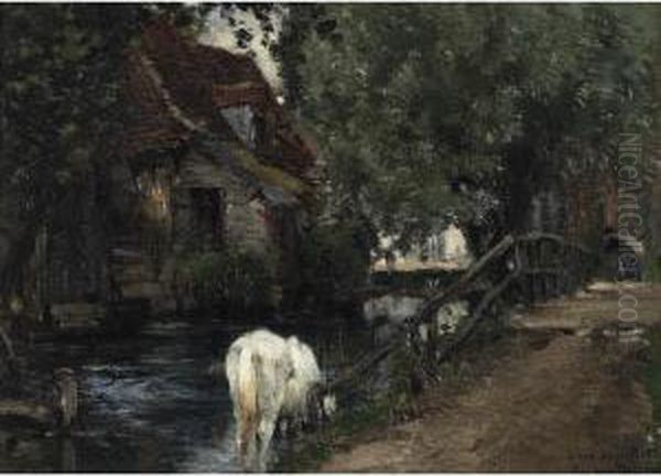 White Horse Drinking At A Mill Pond Oil Painting by Emile van Marcke de Lummen