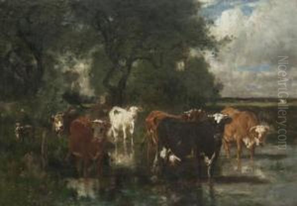 Watering Cows Oil Painting by Emile van Marcke de Lummen