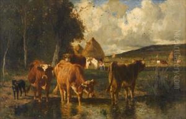 Cattle Watering Oil Painting by Emile van Marcke de Lummen